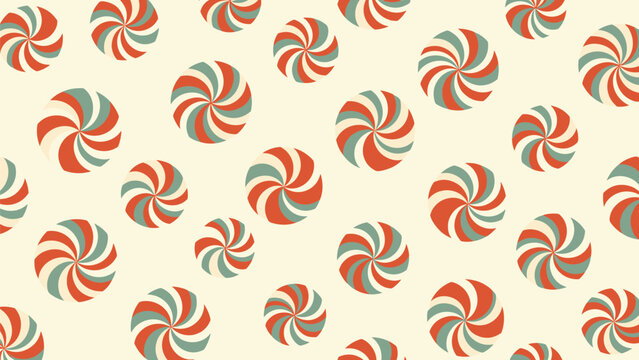Playful pattern of red and teal peppermint swirl candies or lollipops on a light cream background for a sweet theme.