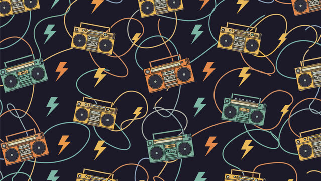 Fun retro pattern with colorful boombox tape players lightning bolts and tangled electrical wires on a dark background.