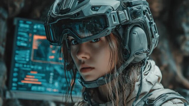 Futuristic Female Soldier with Tactical Helmet in Cyberpunk Battlefield Interface