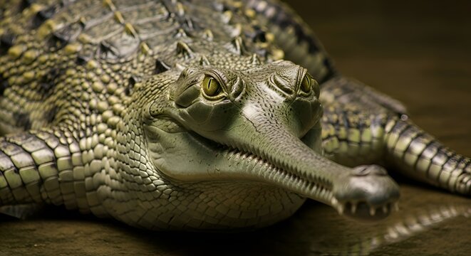 Gharial Crocodile Close-up Portrait with Long Snout and Yellow Eyes