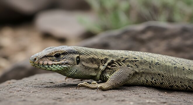 Close-up of a common lizard basking on a rock in natural sunlight, detailed scales and green markings