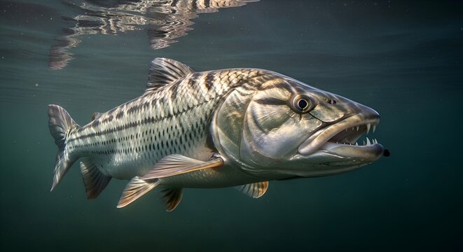 Tigerfish Underwater Portrait with Sharp Teeth and Stripes