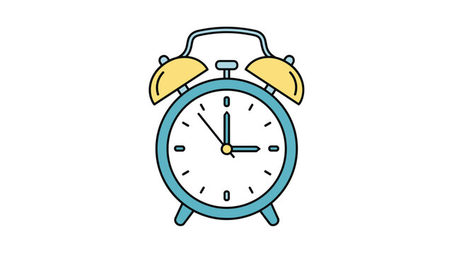Classic blue alarm clock with yellow bells and a white face showing the time at exactly three o clock, isolated on a white background.