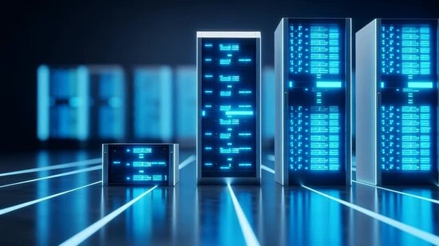 Glowing blue servers stand in a futuristic data center with neon lines on the floor.
