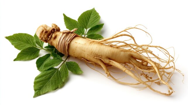 Ginseng root with green leaves close up isolated