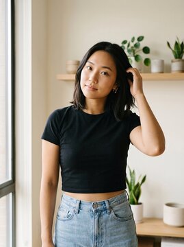 Natural portrait of a beautiful young Asian woman with a gentle gaze and casual style in a modern living space
