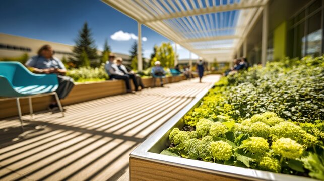Green rooftop relaxation space featuring lush planter beds in sharp focus with a blurred background of staff and patient seating and overhead shade structures.