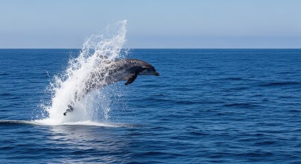 Fototapeta premium Graceful Dolphin Breaching Dramatically From The Ocean Surf, Captured in a Moment of Dynamic Aquatic Freedom