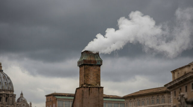 Vatican Chapel Chimney White Smoke Papal Election. Historic Vatican chapel chimney releasing white smoke against cloudy sky, symbolic papal conclave announcement moment