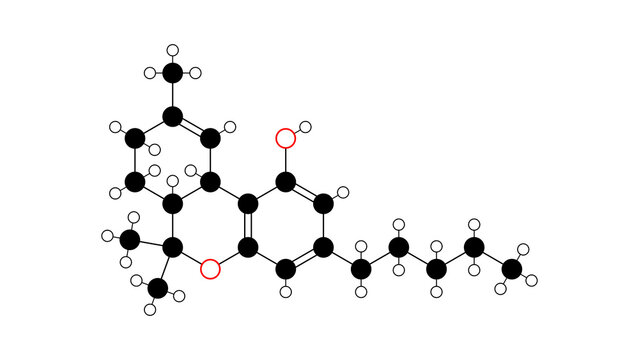 tetrahydrocannabinol molecule, structural chemical formula, ball-and-stick model, isolated image psychoactive cannabinoid