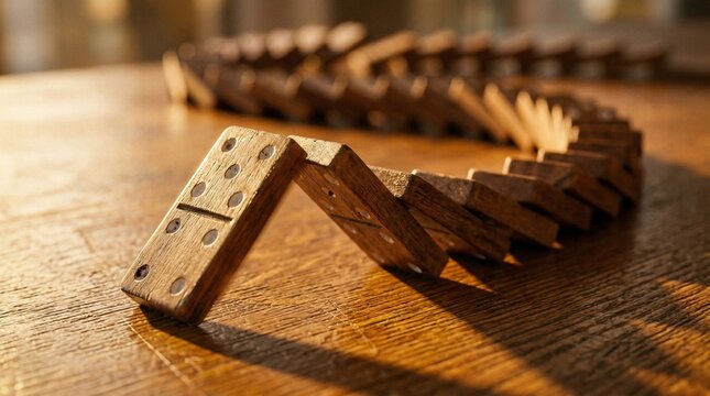 Domino Effect: A captivating close-up showcases a chain reaction as a line of dominoes falls, highlighting the concept of cause and effect and interconnectedness.
