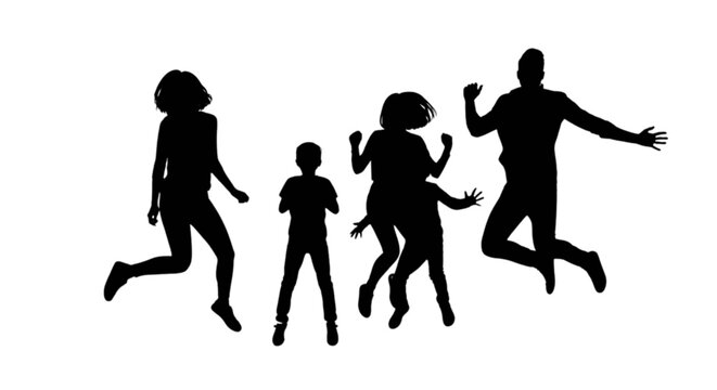 A family of four jumping together in unison isolated on transparent background, Vector