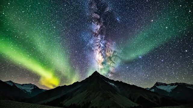 Astounding view of the Milky Way and vibrant green aurora borealis dancing above a majestic mountain peak under a starry night sky