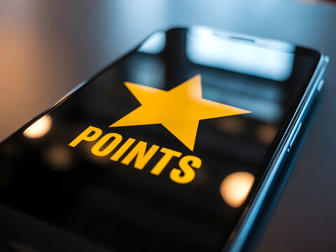 Digital loyalty reward points on smartphone screen, gold star bonus icon, mobile marketing, customer app, incentive program, online commerce, gaming, giveaway, virtual prize, business engagement.