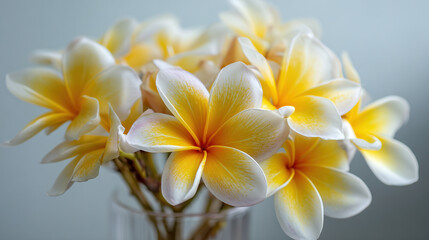 Obraz premium Fragrant Plumeria Paradise: Close-up of exquisite plumeria flowers, with creamy white petals and vibrant yellow centers, arranged in a simple glass vase.