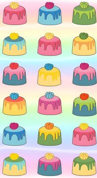 A whimsical collection of colorful cartoon cakes adorned with sweet frosting and fruity toppings, arranged in a pleasing grid pattern on a pastel background