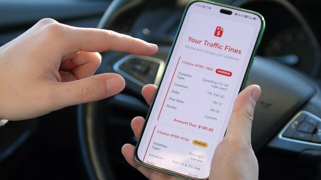 Driver using traffic fines checker app on smartphone inside car. A person checks traffic citations from the driver's seat. Ideal for financial responsibility, law enforcement tech, and mobile app demo