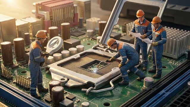 Miniature Engineers at Work: Tiny workers in safety gear meticulously assemble a complex computer motherboard, symbolizing the intricate nature of technological innovation.