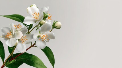 Fototapeta premium White Blossom With Green Leaves on Soft Background in Studio Light
