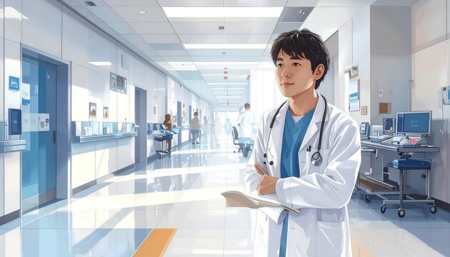 Asian doctor in hospital hallway