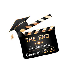 Naklejka premium A vector black movie clapperboard with a confederate hat on a white background, themed after Graduation 2026. Gold lettering 