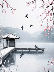 Fototapeta premium Snowy Winter Landscape with Birds and Pagoda