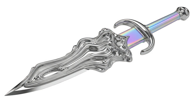 Abstract melting silver dagger with iridescent holographic handle isolated on transparent background transparent background