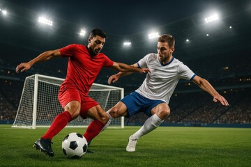 Naklejka premium Intense soccer match action scene.