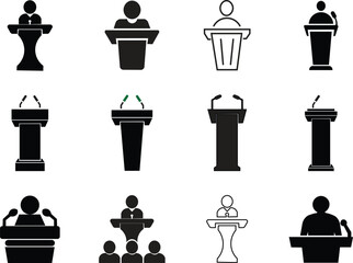 Collection of Podium and Microphone Vector Icons for Public Speaking, Conferences, and Presentations – Professional Speaker Desk and Event Podium Design for Public Speaking Events