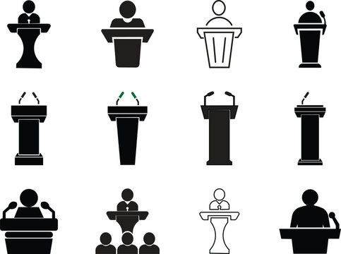 Collection of Podium and Microphone Vector Icons for Public Speaking, Conferences, and Presentations &ndash; Professional Speaker Desk and Event Podium Design for Public Speaking Events