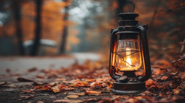 Lit vintage lantern in autumn landscape