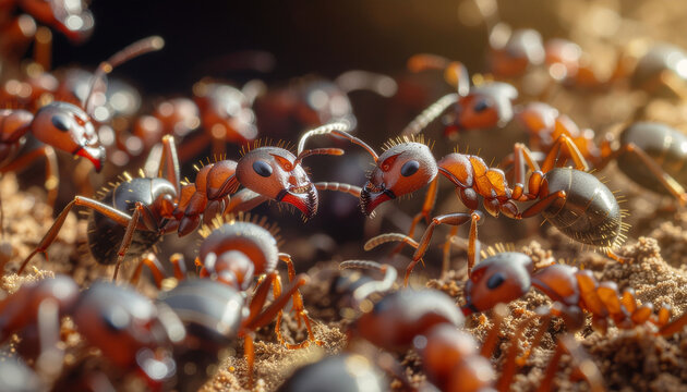 Close up view of busy ants