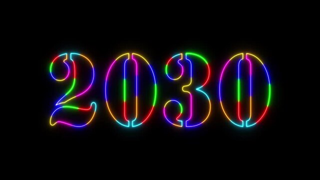 Abstract 2030 neon colourful text animation ,For neon colourful Glowing neon number text background 4k video animation .Digital font against a dark background with neon line looping animation.