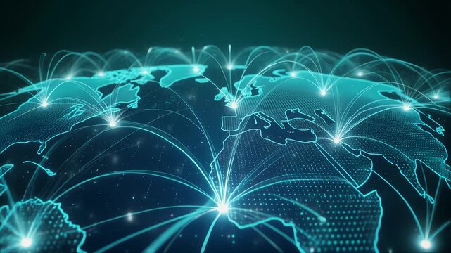 Global Digital Network: Glowing World Map Connectivity, International Data Transfer Arcs, Futuristic Technology Communication, and Big Data Visualization Motion Graphic.