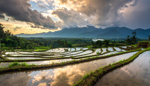 Rice terraces landscape at sunset