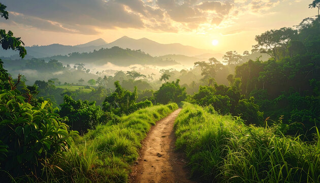 Path through green landscape at sunrise