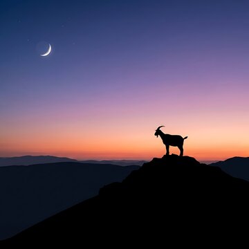 A goat standing on a hill at sunset