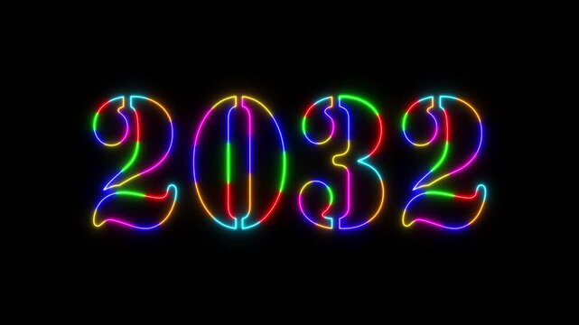 Abstract 2032 neon colourful text animation ,For neon colourful Glowing neon number text background 4k video animation .Digital font against a dark background with neon line looping animation.