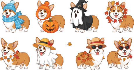 Fototapeta premium Cute Corgi Dog Vector Set in Seasonal Costumes with Halloween, Autumn, and Fall Outfits, Pumpkin, Ghost, Leaves, and Hats for Web, Apps, Greeting Cards, and Print Designs