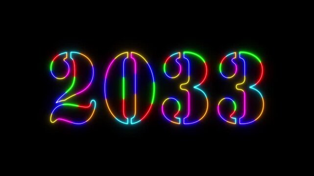 Abstract 2033 neon colourful text animation ,For neon colourful Glowing neon number text background 4k video animation .Digital font against a dark background with neon line looping animation.