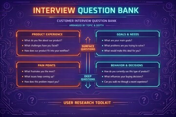 Fototapeta premium Interview Question Bank for Customer Discovery Research and Product Development Strategy
