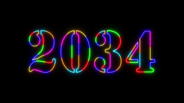 Abstract 2034 neon colourful text animation ,For neon colourful Glowing neon number text background 4k video animation .Digital font against a dark background with neon line looping animation.