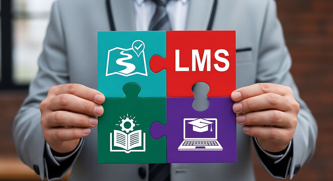 Learning Management System LMS concept with businessman holding puzzle pieces