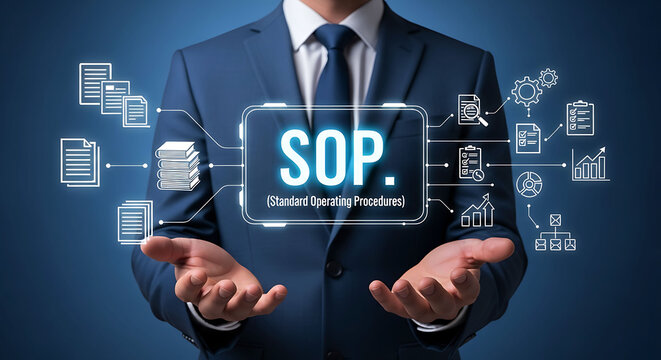 Standard Operating Procedures SOP concept with businessman and digital icons