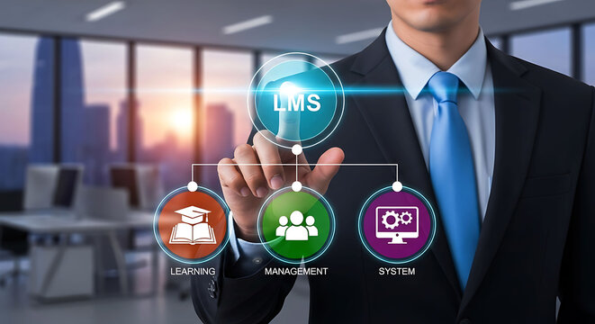 Businessman pointing to LMS learning management system icons in office background