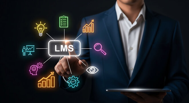 Businessman pointing to LMS Learning Management System interface with neon icons
