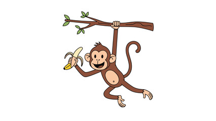 Fototapeta premium Playful monkey swinging from a tree branch while holding a peeled banana, cute wild animal illustration for children education.
