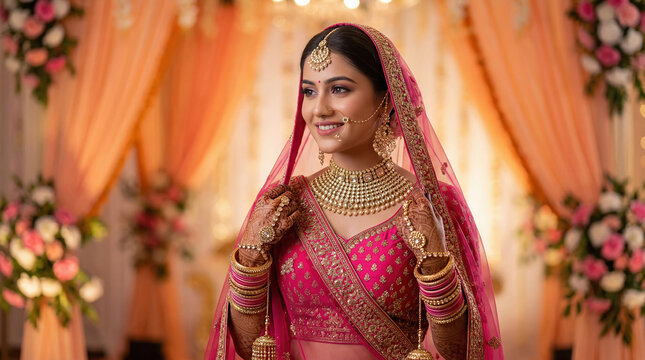 Beautiful Indian Bride in Pink Lehenga with Traditional Gold Jewelry