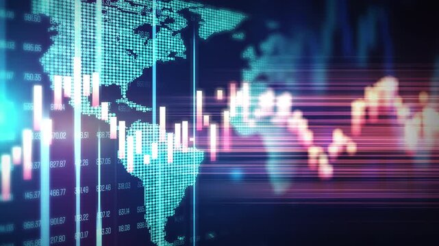 World map and global finance stock market data analysis