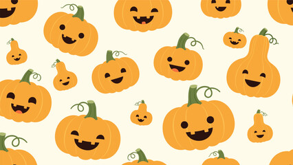 Fototapeta premium Happy seamless pattern with carved pumpkins of different shapes on a light background, festive halloween texture for fabric.